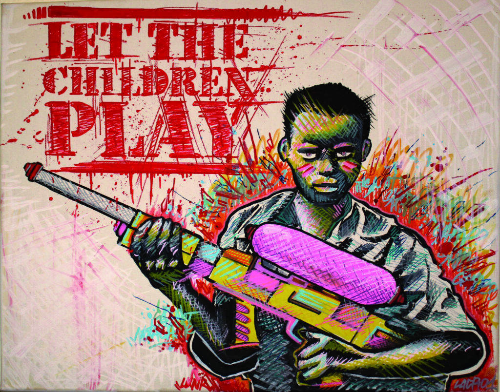 Toile STREET ART peinte au pump marker "LET THE CHILDREN PLAY"