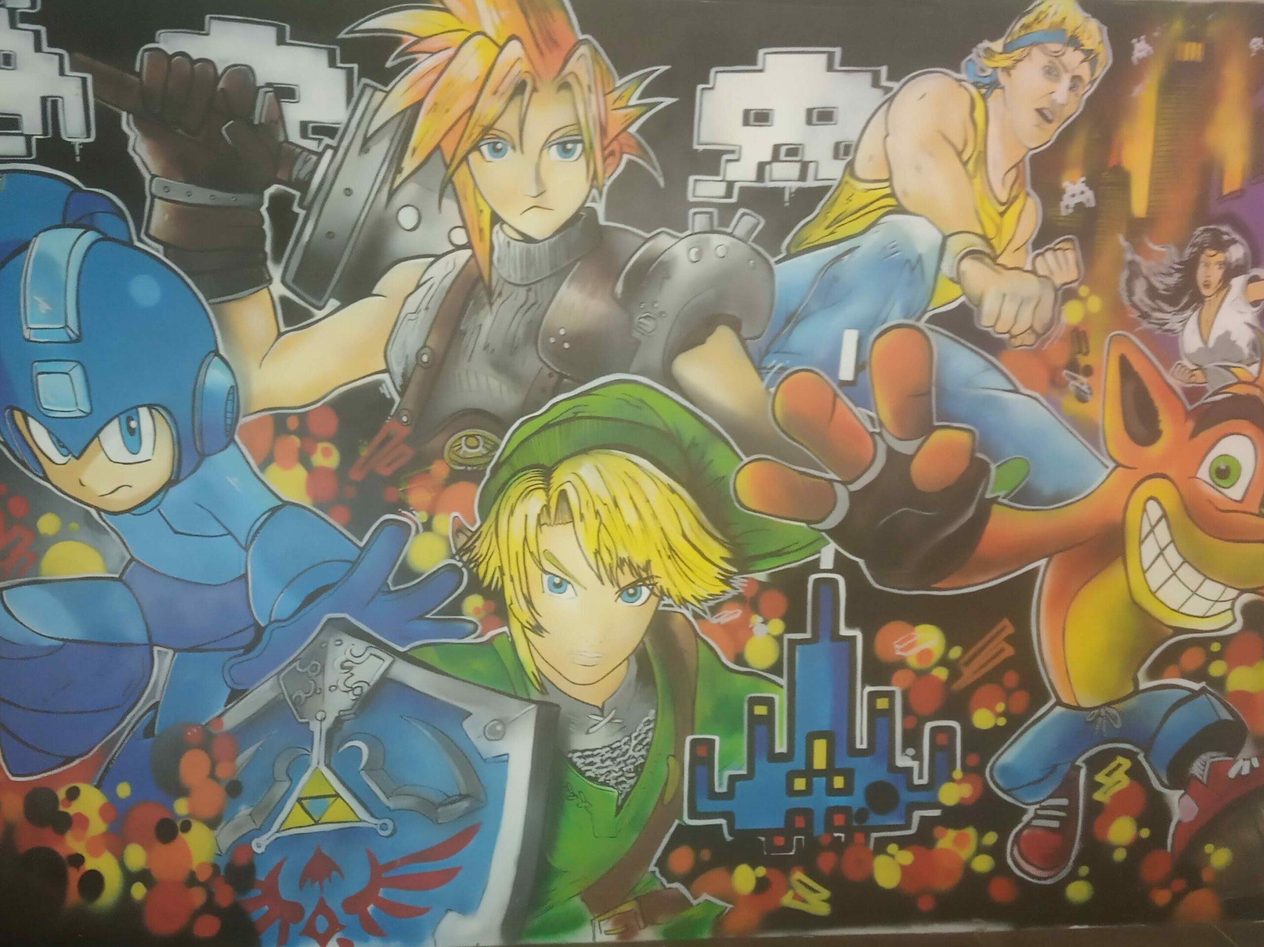 Fresque murale GRAFFITI/STREET ART sur le thème “CONSOLE” pour la salle de jeu d’un bar spécialisé Retro Gaming