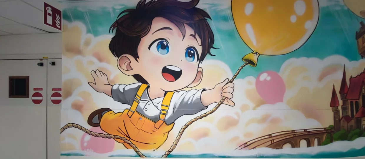 fresque réalisée pour Marabout de Ficelle en oncologie pédiatrique au CHU de Saint-Étienne Nord, une œuvre douce et poétique dédiée aux enfants hospitalisés.