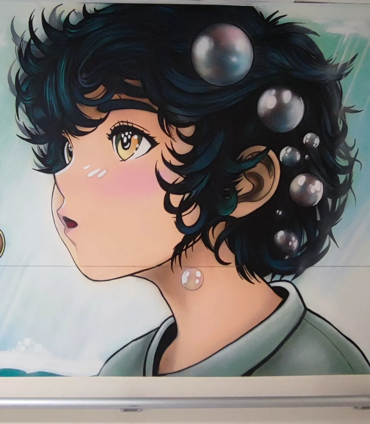 fresque réalisée pour Marabout de Ficelle en oncologie pédiatrique au CHU de Saint-Étienne Nord, une œuvre douce et poétique dédiée aux enfants hospitalisés.